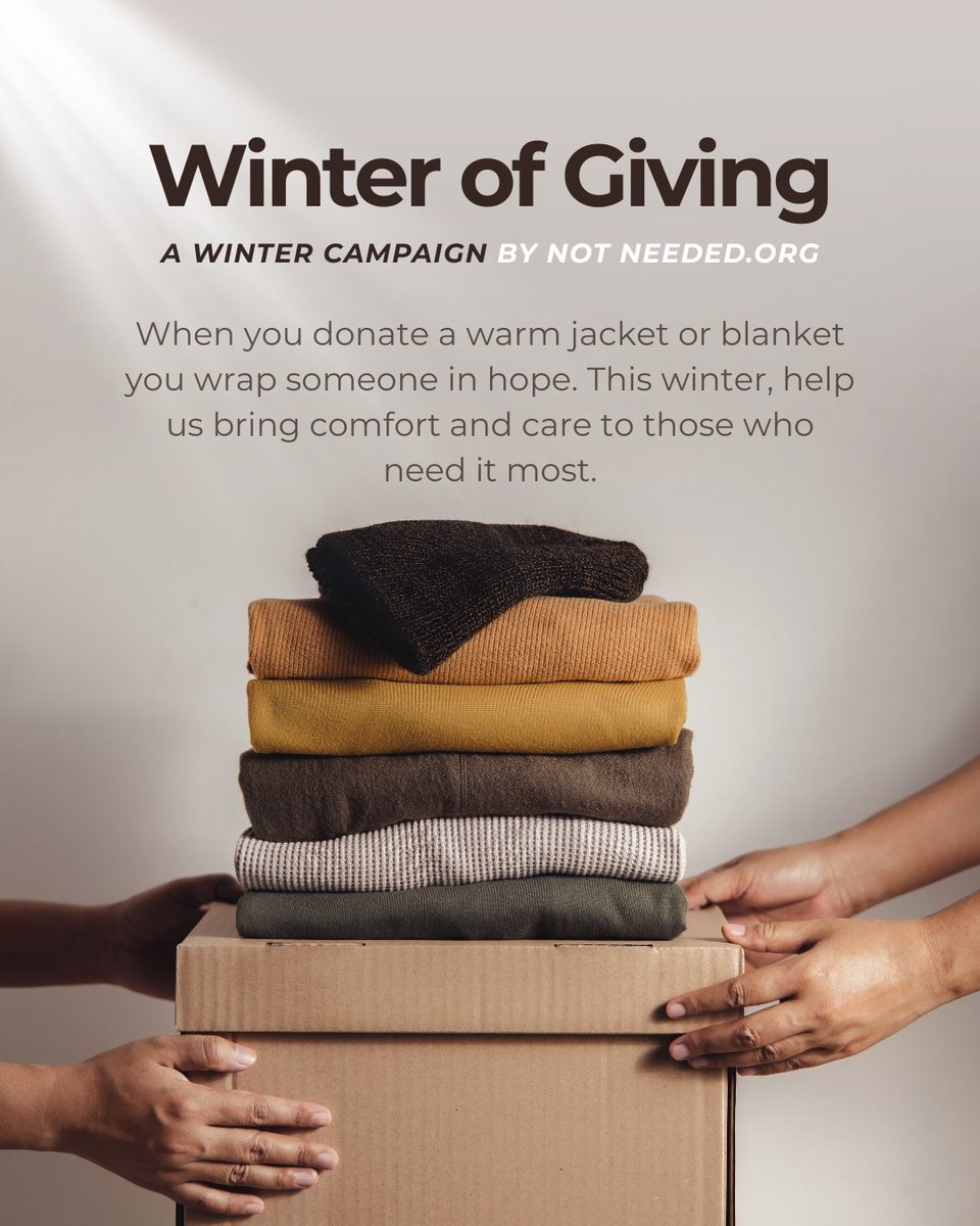 notneeded_wg's tweet image. Turn this season into a Winter of Giving. Donate your warm clothes and blankets so those facing the cold can feel protection, dignity, and a little extra love.

Learn more and join at notneeded.org ✨

#LiveLight #NotNeeded #GiveBack