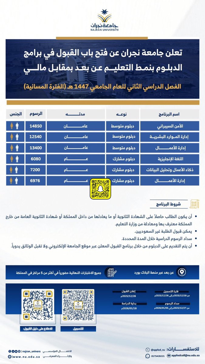 دبلومات عن بعد في #جامعة_نجران 

دبلوم عن بعد 
ac.nu.edu.sa/programs/paid