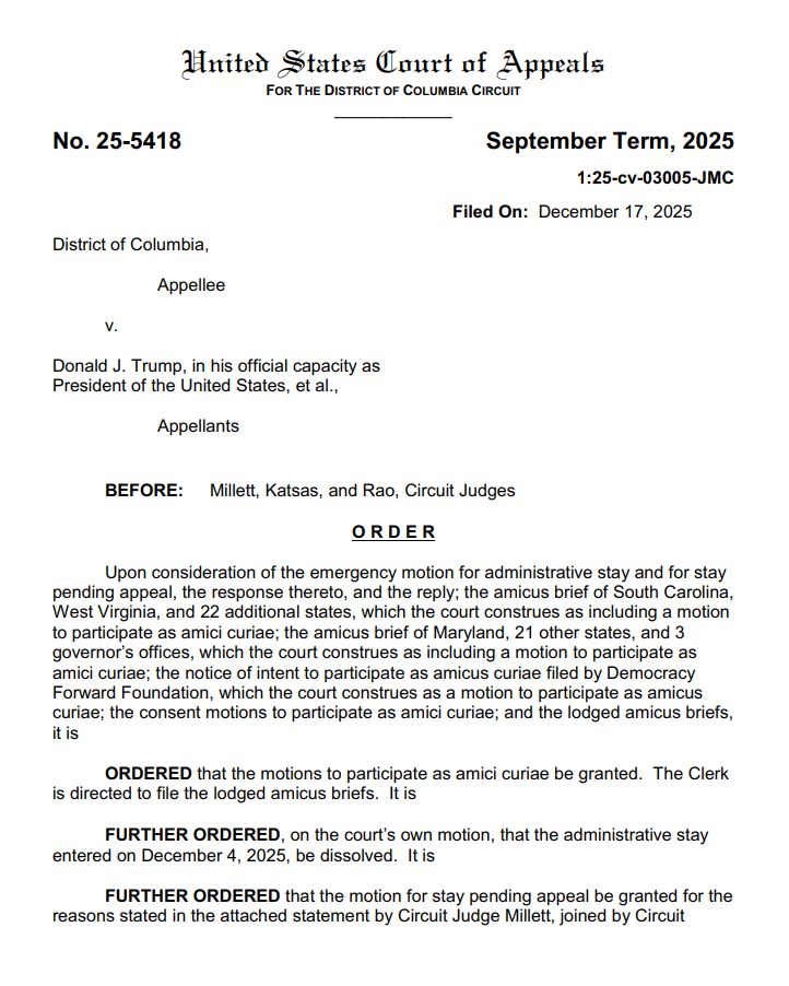 ZoeTillman's tweet image. New: The DC Circuit will let Trump continue his deployment of National Guard troops in DC, finding the admin made a strong enough case (for now) that it's likely to succeed on at least some of its arguments. One judge stressed this is not the final word, and the DC AG vowed to…