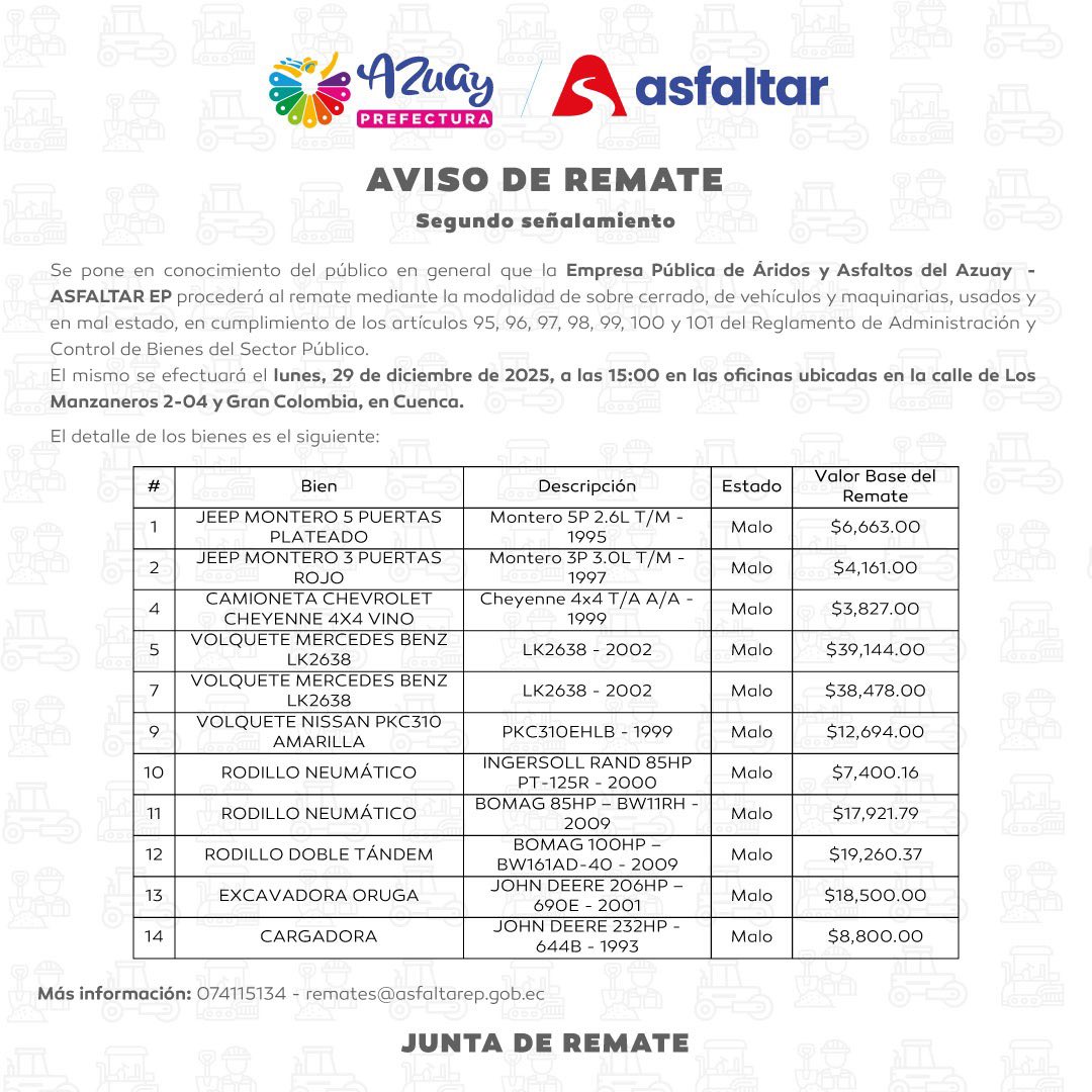 🔈 ¡Tenemos más maquinaria para remate!

🙋🏽🙋🏽‍♀️ Invitamos a la ciudadanía a participar del segundo llamamiento del proceso de Remate. 🚜

ℹ️ Para más información: 👉🏽 bit.ly/4pIQJfi