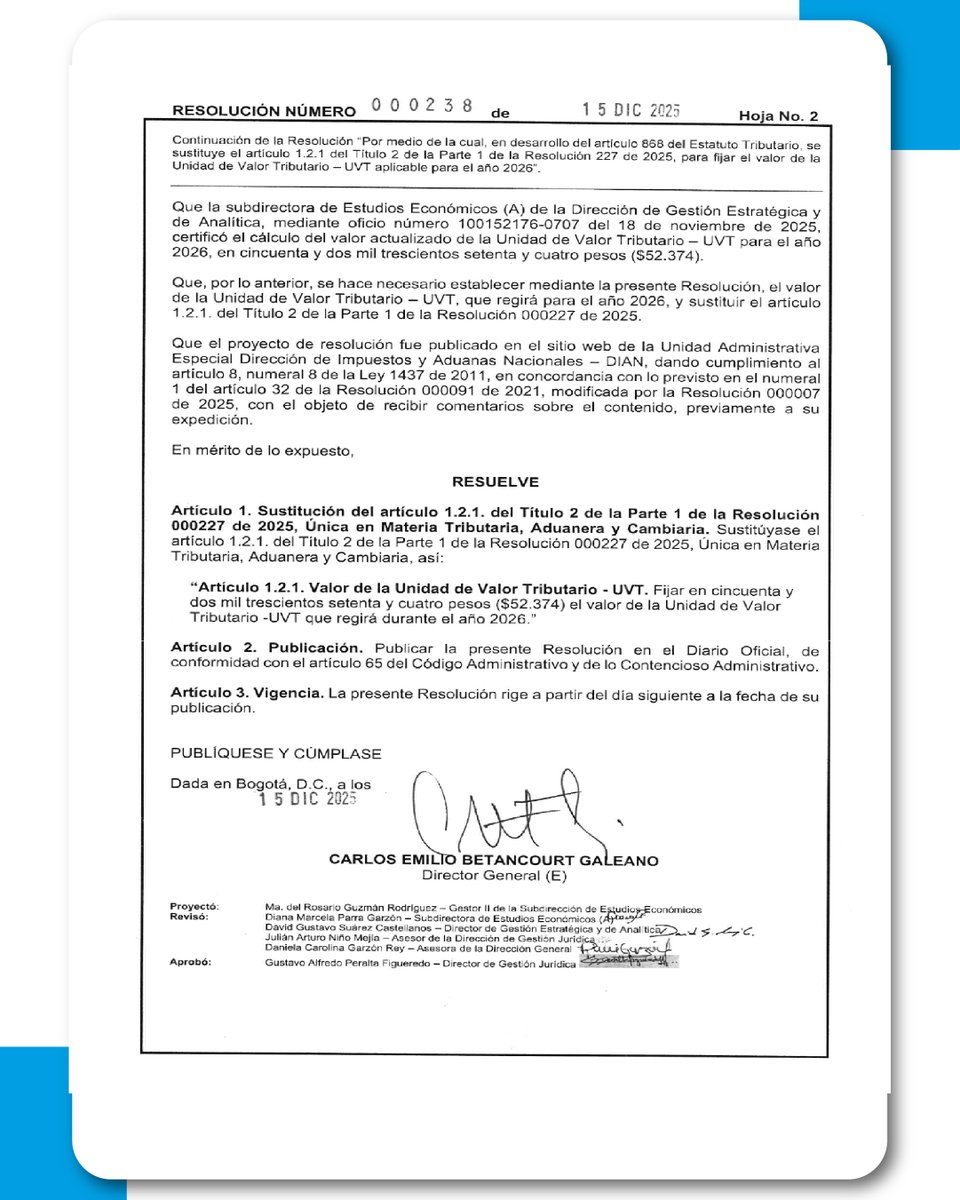 🚨La Unidad de Valor Tributario (UVT) se fijó en $52.374 para el año 2026.

#INCP #ActualidadINCP