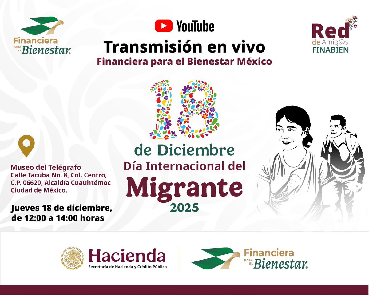 Mañana 18 de diciembre conmemoramos el Día Internacional del Migrante 🤝🌎

Desde #FINABIEN, te invitamos a seguir la transmisión en vivo por #YouTube de este encuentro especial, donde reafirmamos nuestro compromiso con l@s mexican@s en contexto de movilidad, reconociendo su