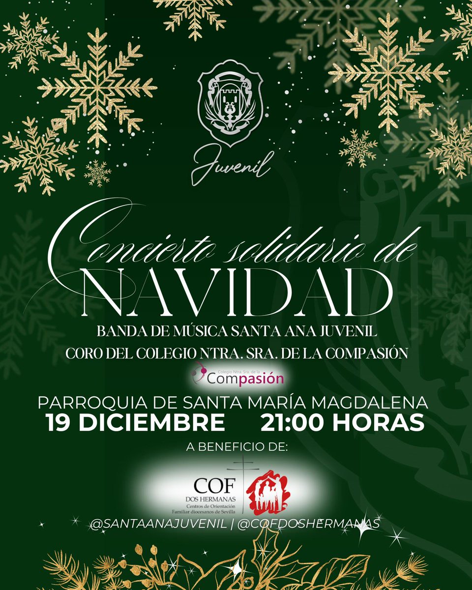 ☝️ RECUERDA
🎼 La Banda <a href="/SantaAnaJuvenil/">B.M. Santa Ana Juvenil</a> y el Coro Infantil del <a href="/NSraCompasion/">Colegio Compasión</a> ofrecerán un Concierto de Navidad Solidario en la Parroquia Sta. Mª Magdalena.
📆 Viernes, 19 de diciembre.
🕘 21.00
💛 Donativo: 3 €
La recaudación será a beneficio de nuestro COF.
¡Te esperamos!