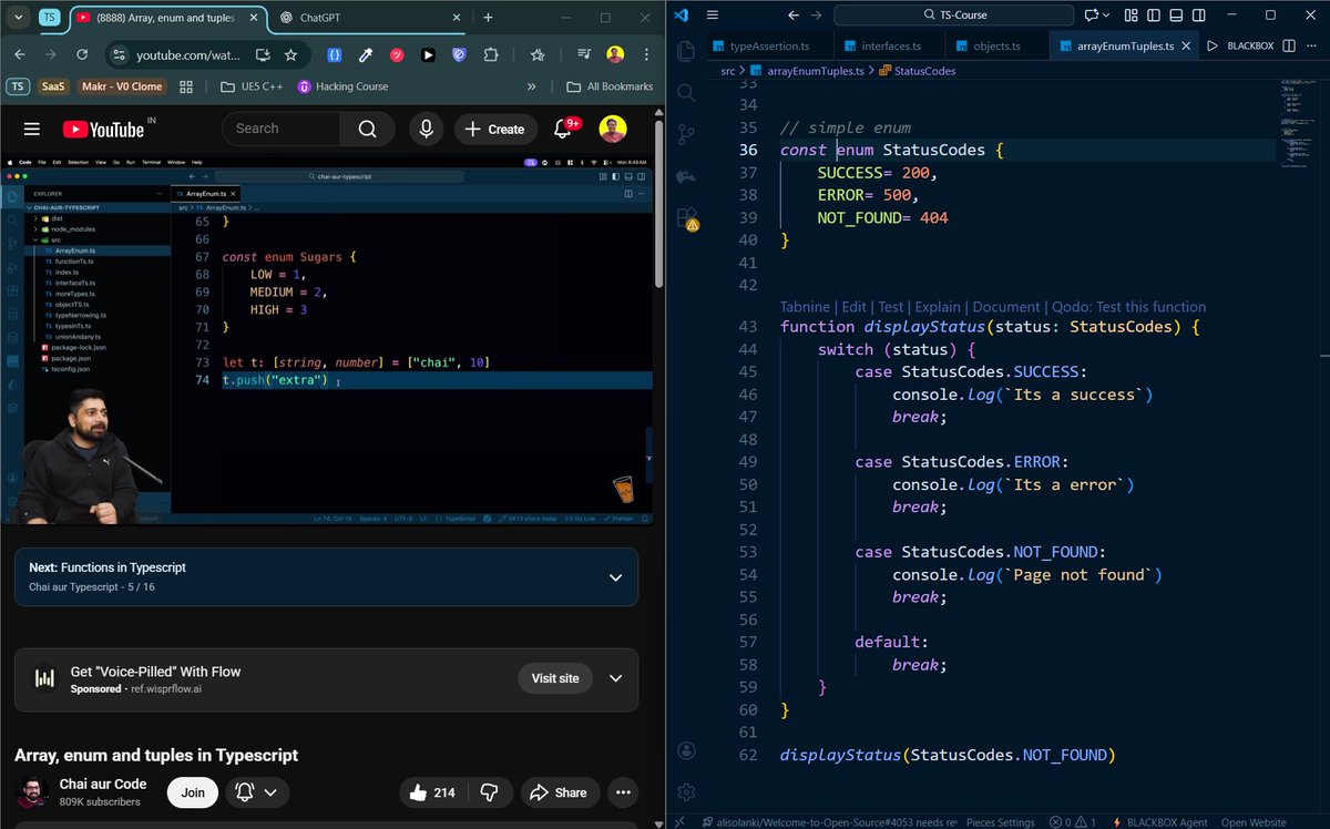 AyushBommana's tweet image. TypeScript Notes #7 📘 

Finished: Functions, Array, Tuples, Enums

Lessons: 
• Functions and return types
• Simple arrays
• Arrays with object elements
• Tuples
• Enums

#typescriptprogramming #programminglogic #programmingbasic #webdevelopmenttutorials #ChaiAurCode