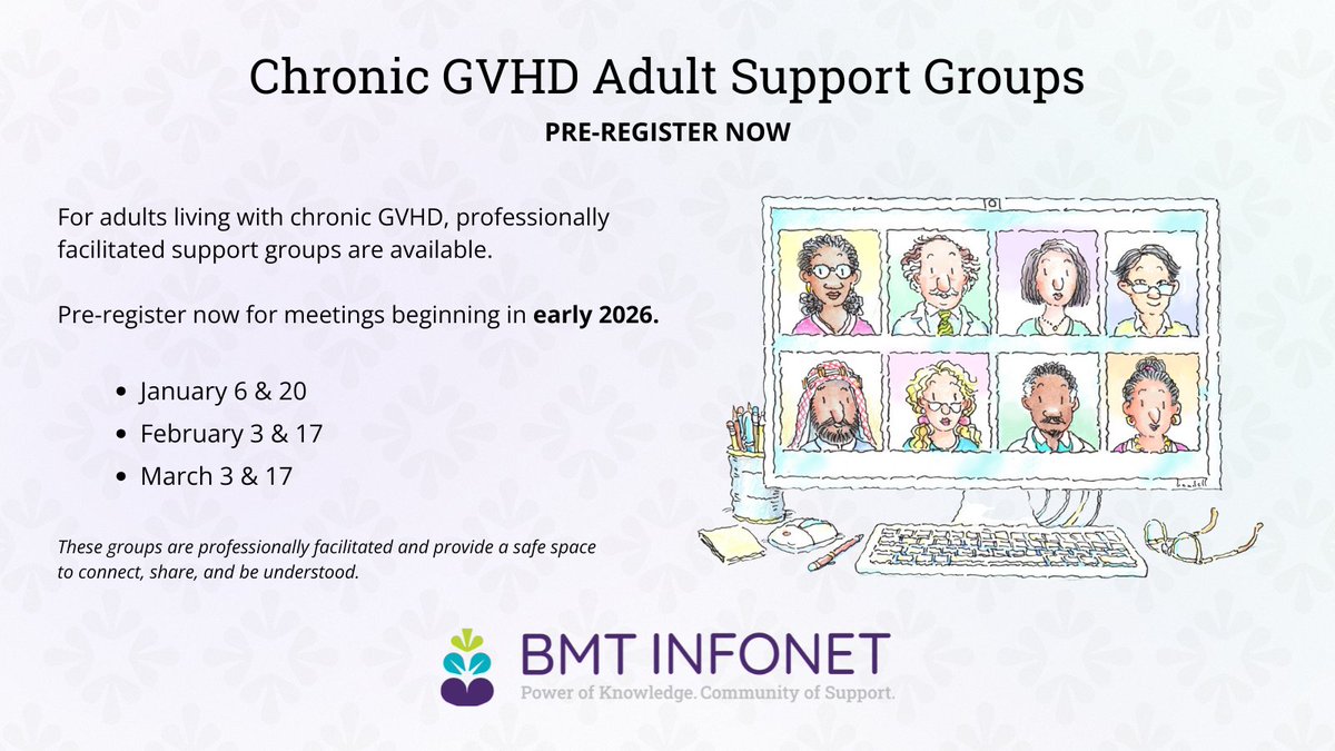 BMTInfoNet's tweet image. Living with chronic GVHD can feel isolating — but support is available.

Adults with chronic graft-versus-host disease are invited to pre-register for our professionally facilitated online support group starting in 2026.

🔗 bmtinfonet.org/form/gvhd-supp…

#GVHD #TransplantSurvivor