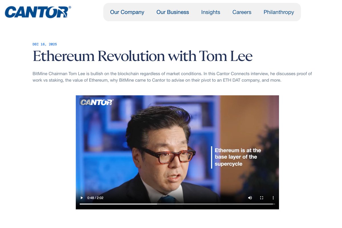 SAMALTCOIN_ETH's tweet image. Cantor Fitzgerald’s website:

Tom Lee: Ethereum is at the base layer of the supercycle.

Cantor is a Wall Street primary dealer that trades directly with the Fed.

Them hosting Tom and BitMine is serious institutional validation.

$ETH $BMNR