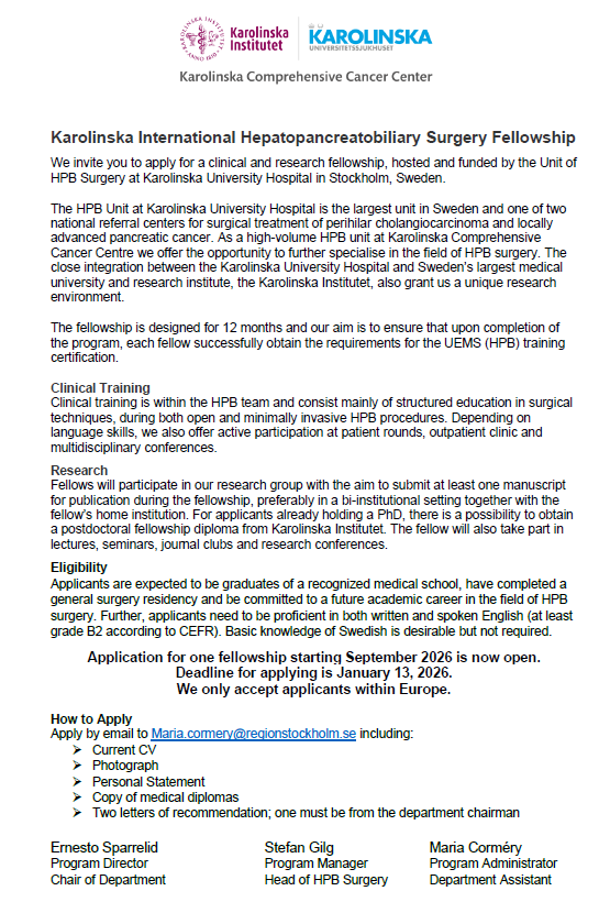 sparrelid's tweet photo. It’s time to find the 5th person for our international clinical &amp; research HPB fellowship @HpbKarolinska starting Sep 2026! Please apply before Jan 13. Previous fellows @Giampaolo_Perri, @TimTransplant &amp; @nebbia_martina have been excellent &amp; current fellow Dominique B is great! https://t.co/J6YCdT0nk9