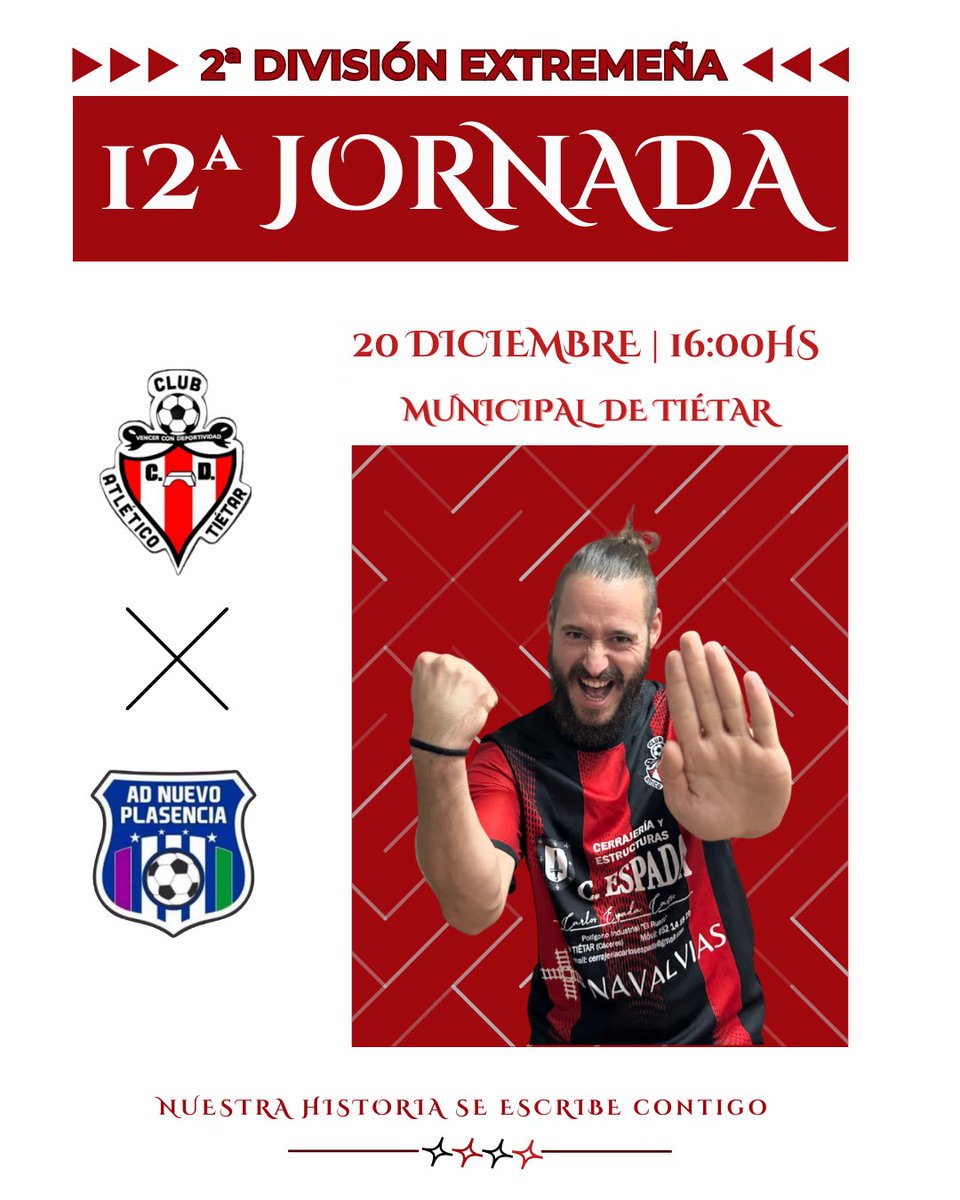 🗓️ ÚLTIMO PARTIDO DEL AÑO | Después del Puente de la Constitución y la jornada de descanso del finde pasado, el equipo vuelve a la competición este sábado 20, en el último encuentro del 2025.

⏱️ 16:00h
🆚 <a href="/NuevoPlasencia/">A.D. Nuevo Plasencia</a> 
🏟️ Municipal de Tiétar

#NuestraHistoriaSeEscribeContigo