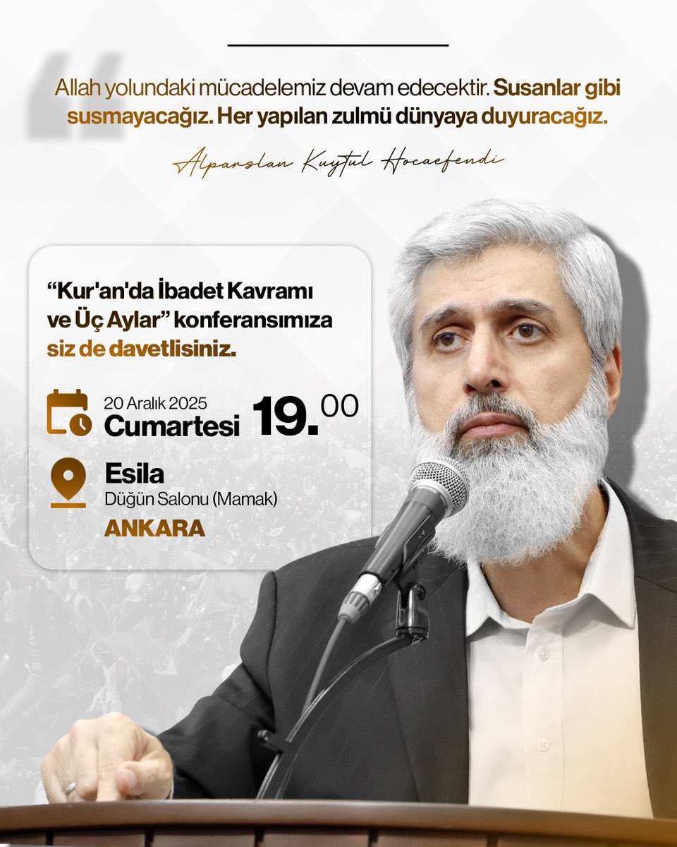 "Allah yolundaki mücadelemiz devam edecektir."
 
Ankara'da gerçekleştireceğimiz Kur'an'da İbadet Kavramı ve Üç Aylar konferansımıza siz de davetlisiniz!

AlparslanHoca AnkarayaGeliyor
#FurkanKonferansları