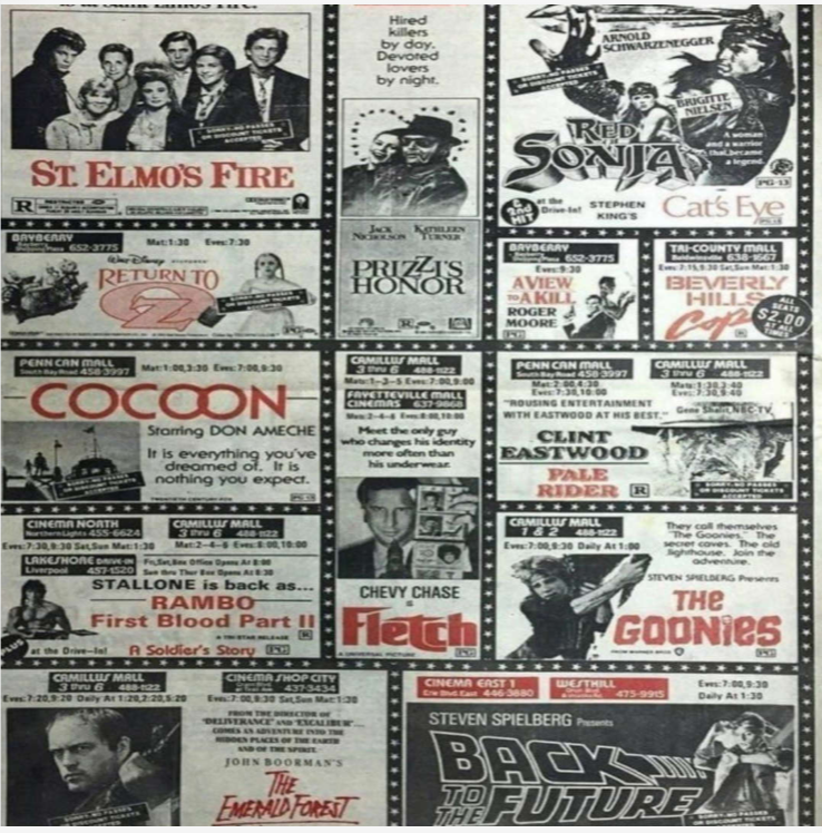 SpectrumCow's tweet image. An ad showing movies playing in summer of 1985.  Even some of the marginal ones beat what Hollywood has put out over the last 10 years.