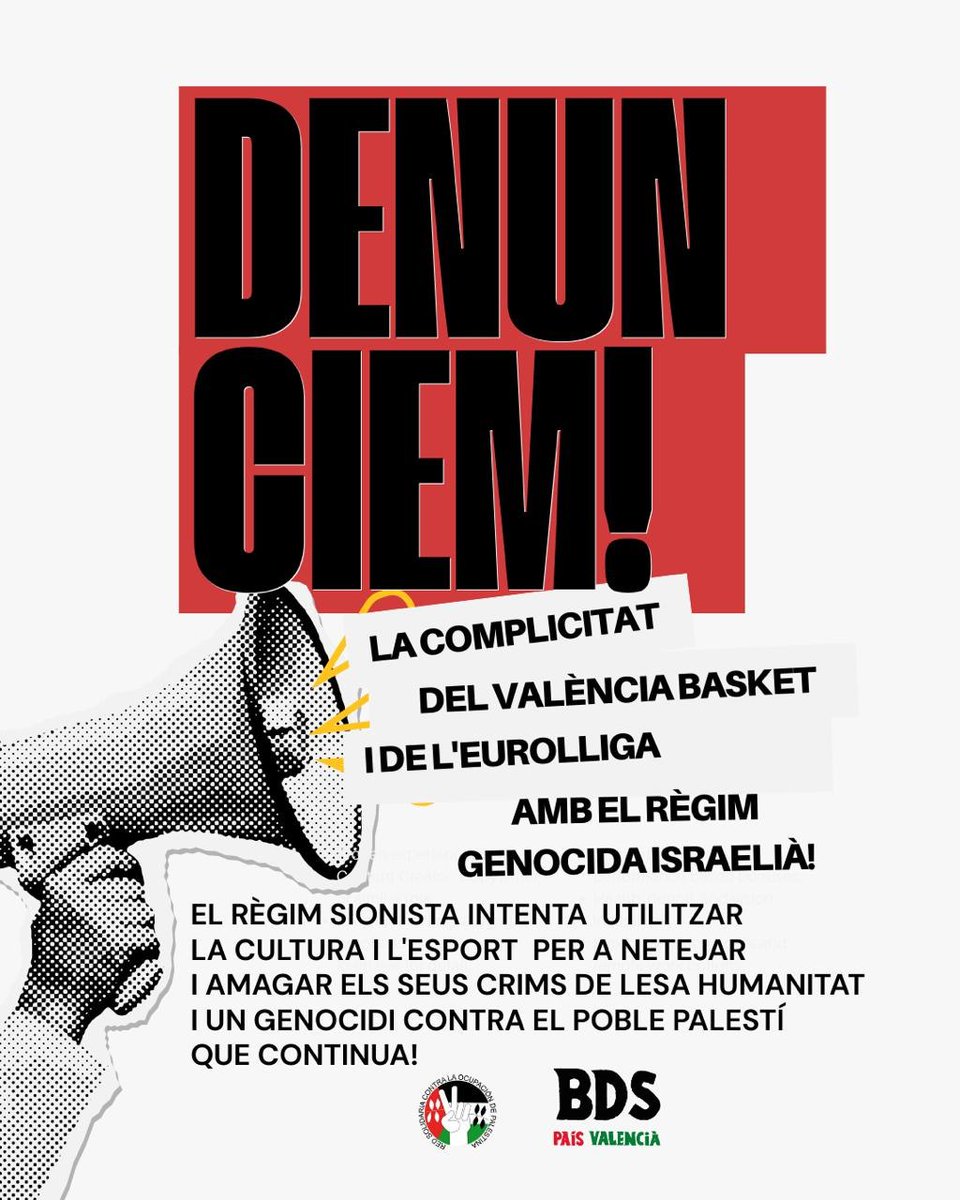 📣 Denunciem la complicitat del València Basket i de l'Eurolliga amb el règim genocida israelià!

❗️El règim sionista intenta utilitzar la cultura i l'esport per a netejar i amagar els seus crims de lesa humanitat i un genocidi contra el poble palestí 🇵🇸 que continua!
👇🏽🧵