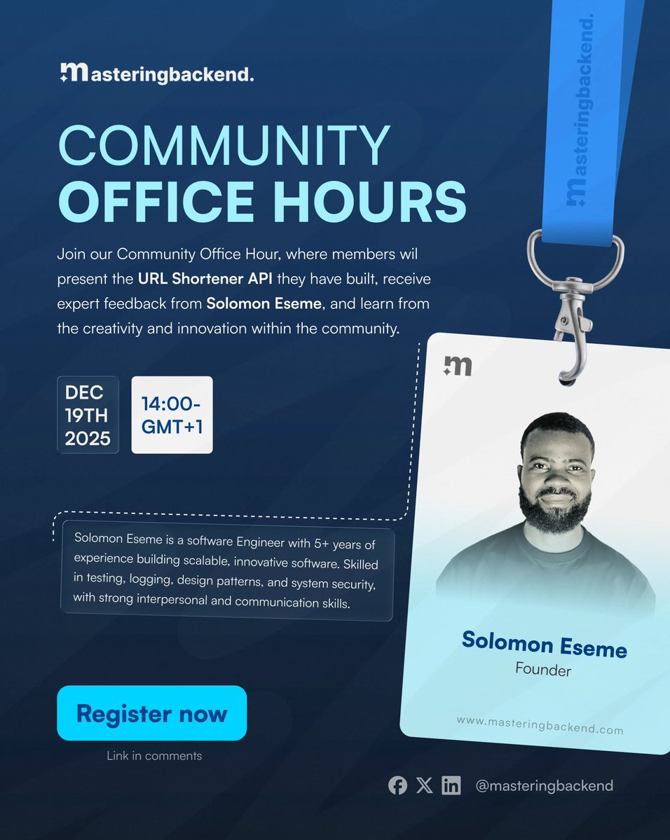 master_backend's tweet image. Community Office Hours | Sprint Project Presentations

Backend engineers will showcase their URL Shortener APIs with live reviews and feedback from @Kaperskyguru . Learn real-world backend architecture &amp;amp; best practices.

🔗 luma.com/2xegypu9

#BackendEngineering