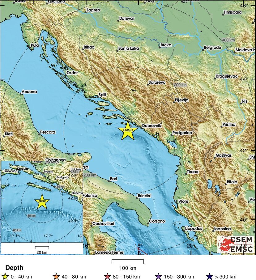 LastQuake's tweet photo. #Earthquake (#potres) confirmed by seismic data.⚠Preliminary info: M4.0 || 26 km S of #Blato (#Croatia) || 3 min ago (local time 23:07:44). Follow the thread for the updates👇 https://t.co/h7qTv73CHH