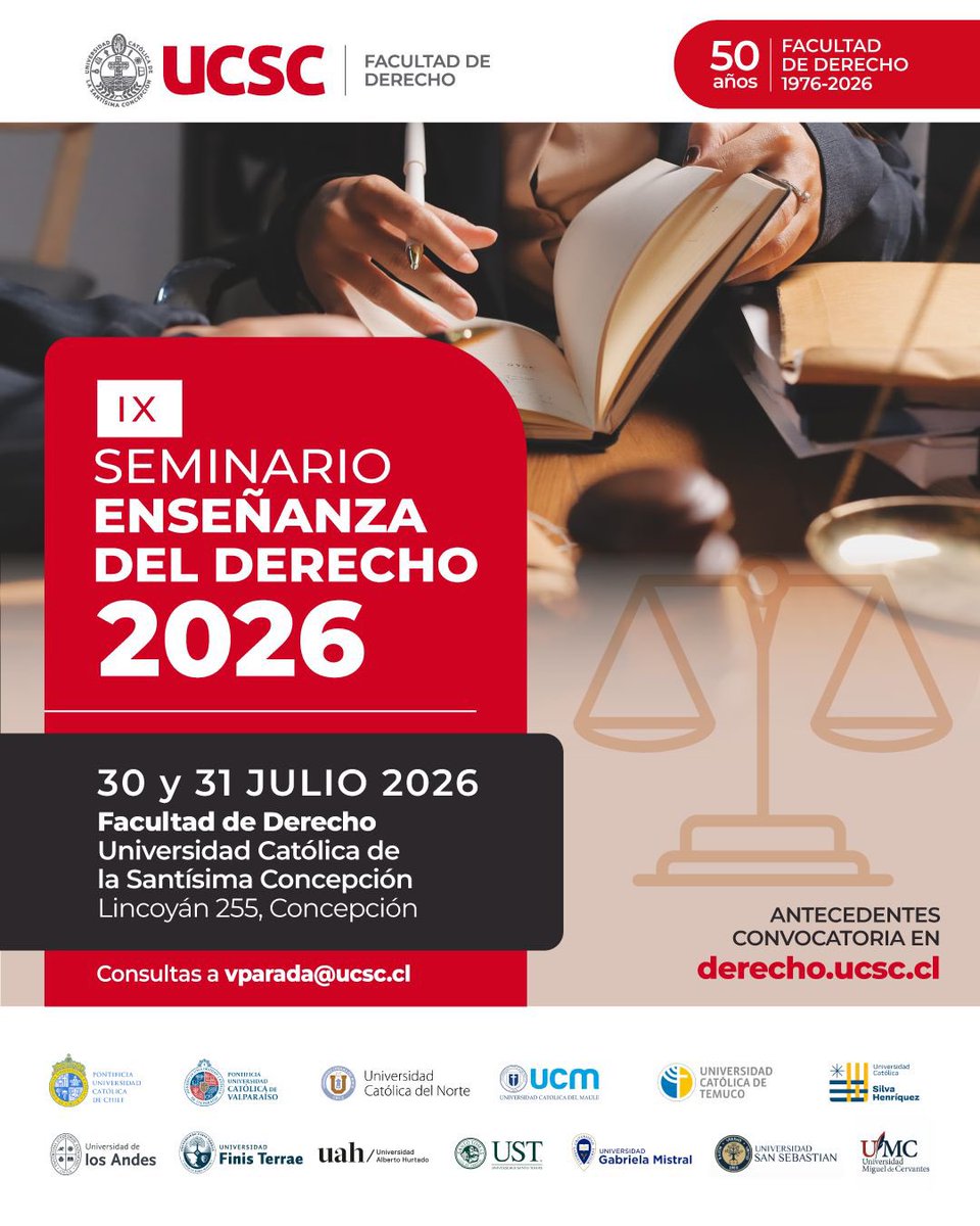 IX SEMINARIO ENSEÑANZA DEL DERECHO 2026 

🗓 30 y 31 de julio de 2026.

📍Facultad de Derecho de la UCSC

Para mayor información pueden acceder al siguiente enlace: derecho.ucsc.cl/ix-seminario-d…

<a href="/ucscconcepcion/">UCSC Concepción</a>