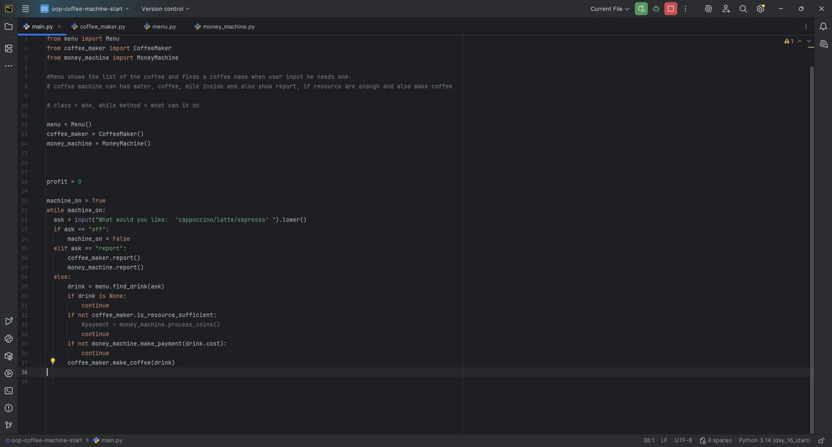 jayyprinzz's tweet image. Day 16 — Coffee Machine (Rebuilt)

Yesterday’s project worked.
Today I had to make it cleaner, calmer, and easier to grow.
Rebuilding it with OOP changed how I see structure in code.

This lesson stuck with me.

#PythonJourney #100DaysOfCode