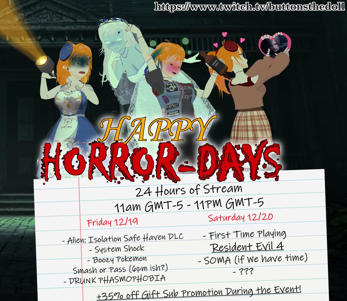 Well, you all did it. You raised over $500 for charity. So now the Doll must suffer.

HAPPY HORROR-DAYS, WE'RE IN IT TO WIN IT! 24 hours split over 2 days, Pokemon smash or pass, RE4, drunk Phasmo, the works! Tune in Friday and Saturday!

#Vtuber | #SmallStreamer | #VTuberEN