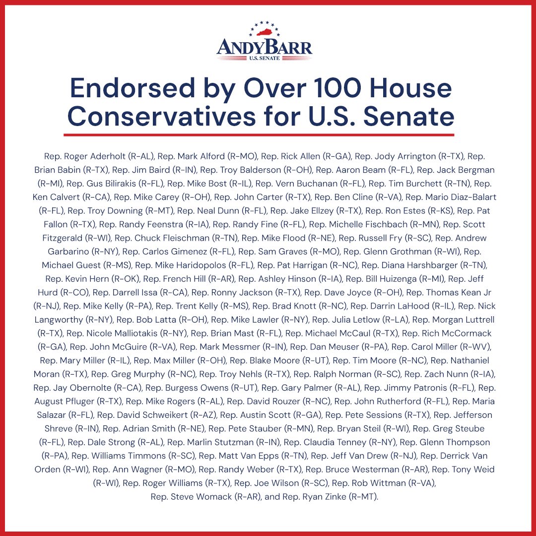 barrforsenate's tweet photo. Our campaign has more major endorsements than both of our opponents combined. That’s because I’m the only candidate who has actually helped President Trump carry out the MAGA agenda. 

Honored to have over 100 of my House colleagues officially endorse me this week. https://t.co/NZI6GnwYXD