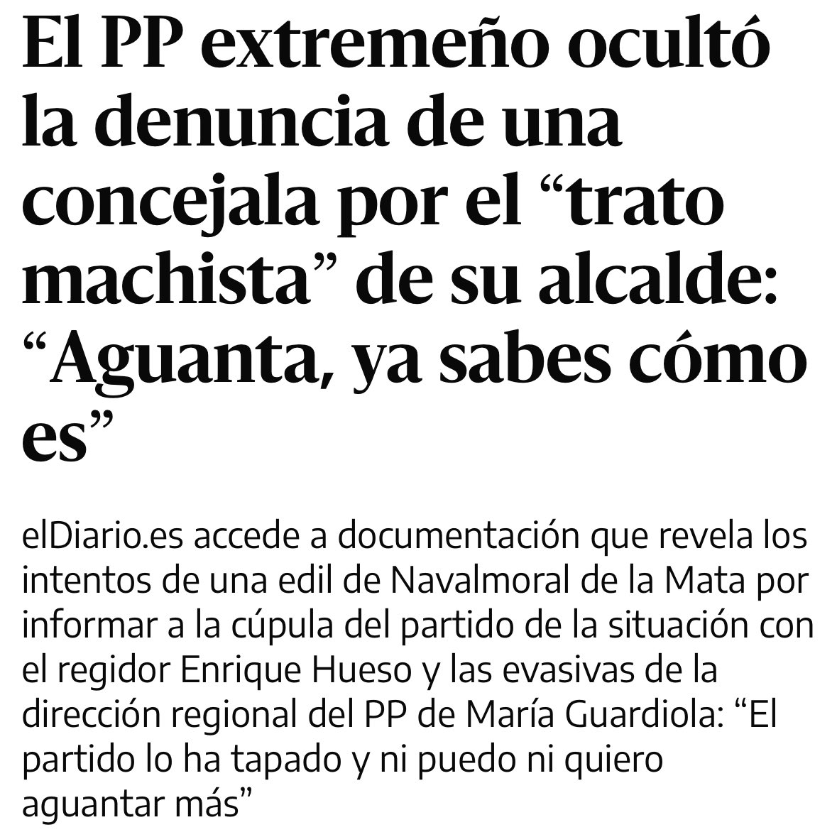 Esto es una vergüenza❗️María Guardiola y el PP extremeño conviven con el machismo entre sus filas.

No solo taparon el trato machista de un alcalde a una concejala, también el propio chófer enchufado de la presidenta había sido denunciado por malos tratos. Es indignante.