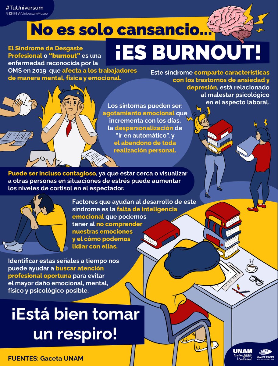 La OMS clasifica el ‘burnout’ como un fenómeno ocupacional derivado del estrés laboral crónico no gestionado. ¿Cómo distinguirlo del simple cansancio? La infografía de <a href="/UniversumMuseo/">Universum Museo</a> te dice a qué señales debes prestar atención 🚨.