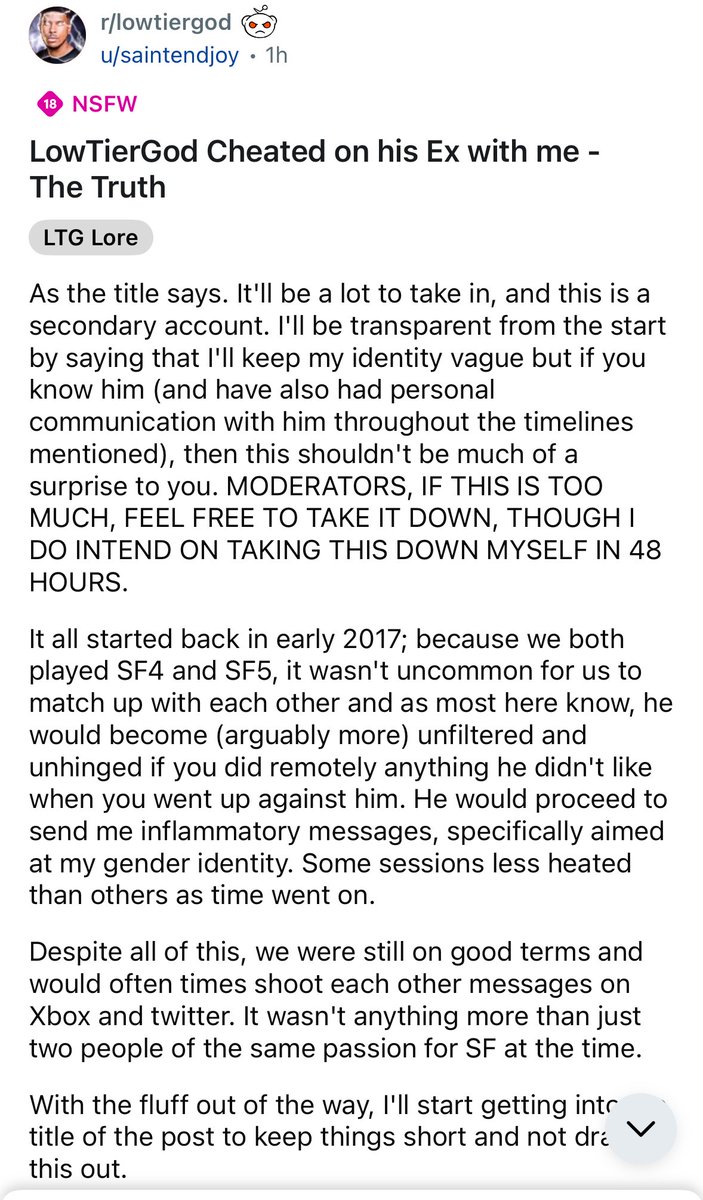 moisanites's tweet photo. An anonymous reddit user on r/lowtiergod alleges that LowTierGod cheated on his girlfriend at the time (the girl he dated while she was 17) with her and discloses her experiences with Dale https://t.co/3XMHrPuRut
