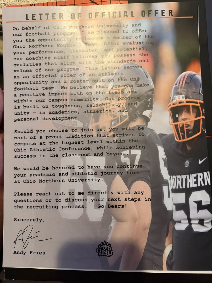 Shawn_RifeJr8's tweet photo. After a great visit, I am blessed to receive an offer from @OhioNorthernFB! @coachR_Brown @Coach_Fries 
@CoachOHightower @CoachTyrisDiehl https://t.co/HvCard3oBD