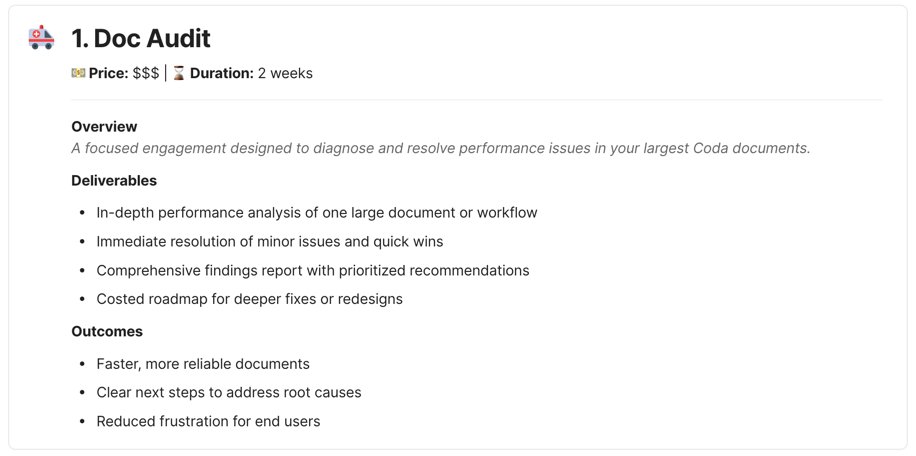 Are your <a href="/coda_hq/">Coda</a> docs getting too big? Receive an error message about your doc size?

We can help

We run a streamlined and dedicated Doc Audit service to get your docs back up and running fast! Shoot me a DM or email- info@simpladocs.com and we'll get you in good shape!