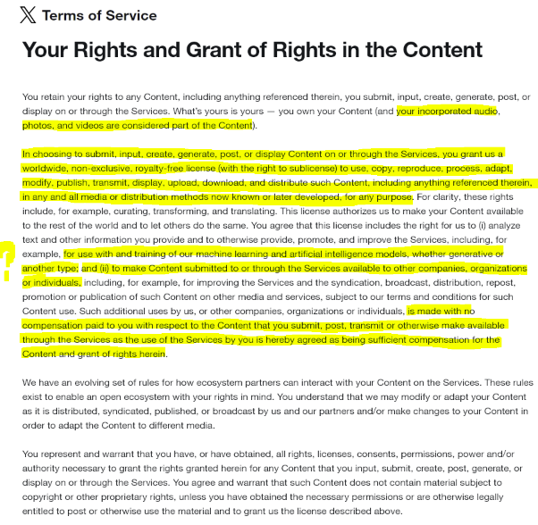happystuck's tweet photo. PSA: I come bearing bad news. Twitter's new TOS lets them use whatever you post for AI training and claim legal ownership of it (and the IP it references, such as Homestuck) forever. This account and all others I own will be wiped within the day, excluding this post. https://t.co/62OTIppqWB