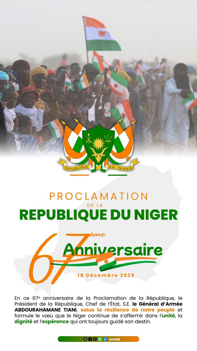 🇳🇪💚🇳🇪🧡🇳🇪
En ce 67e anniversaire de la Proclamation de la République, le Président de la République, Chef de l’État, S.E. le Général d’Armée ABDOURAHAMANE TIANI, salue la résilience de notre peuple et formule le vœu que le Niger continue de s’affermir dans l’unité, la dignité et