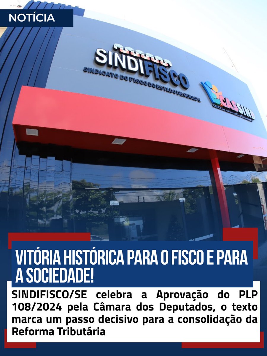 SINDIFISCOSE's tweet image. Vitória histórica para o Fisco e para a sociedade!

SINDIFISCO/SE celebra a Aprovação do PLP 108/2024 pela Câmara dos Deputados, o texto marca um passo decisivo para a consolidação da Reforma Tributária