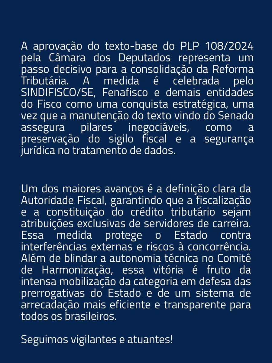 SINDIFISCOSE's tweet image. Vitória histórica para o Fisco e para a sociedade!

SINDIFISCO/SE celebra a Aprovação do PLP 108/2024 pela Câmara dos Deputados, o texto marca um passo decisivo para a consolidação da Reforma Tributária