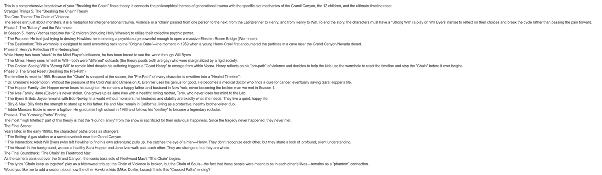 My theory for stranger Things ending.
Only used AI to lay it all out.
Big song will be "Fleetwood Mac, The Chain"
#StrangerThings5