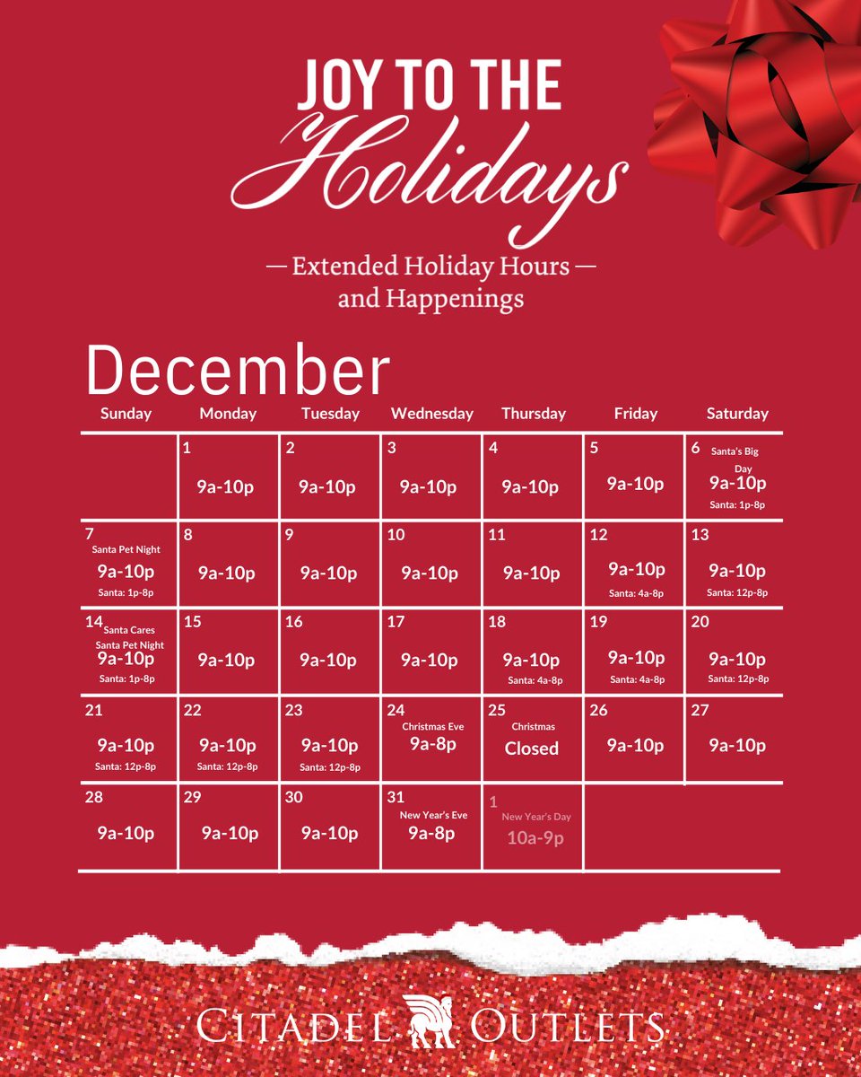 citadel_outlets's tweet image. Holiday hours are here!
We’ve extended our shopping hours for the season, plus Santa is in town with special visit times 🎅🎄
Check the calendar to plan your visit and make the most of your holiday shopping at Citadel Outlets.