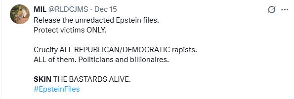 RLDCJMS's tweet image. ALL methods should be on the table to extract the names of all child rapists and traffickers from the brain of this piece of shit called Ghislaine Maxwell.
All child rapists involved must suffer the most unimaginable pain.
I vote for skinning and burning alive.
#epsteinFiles