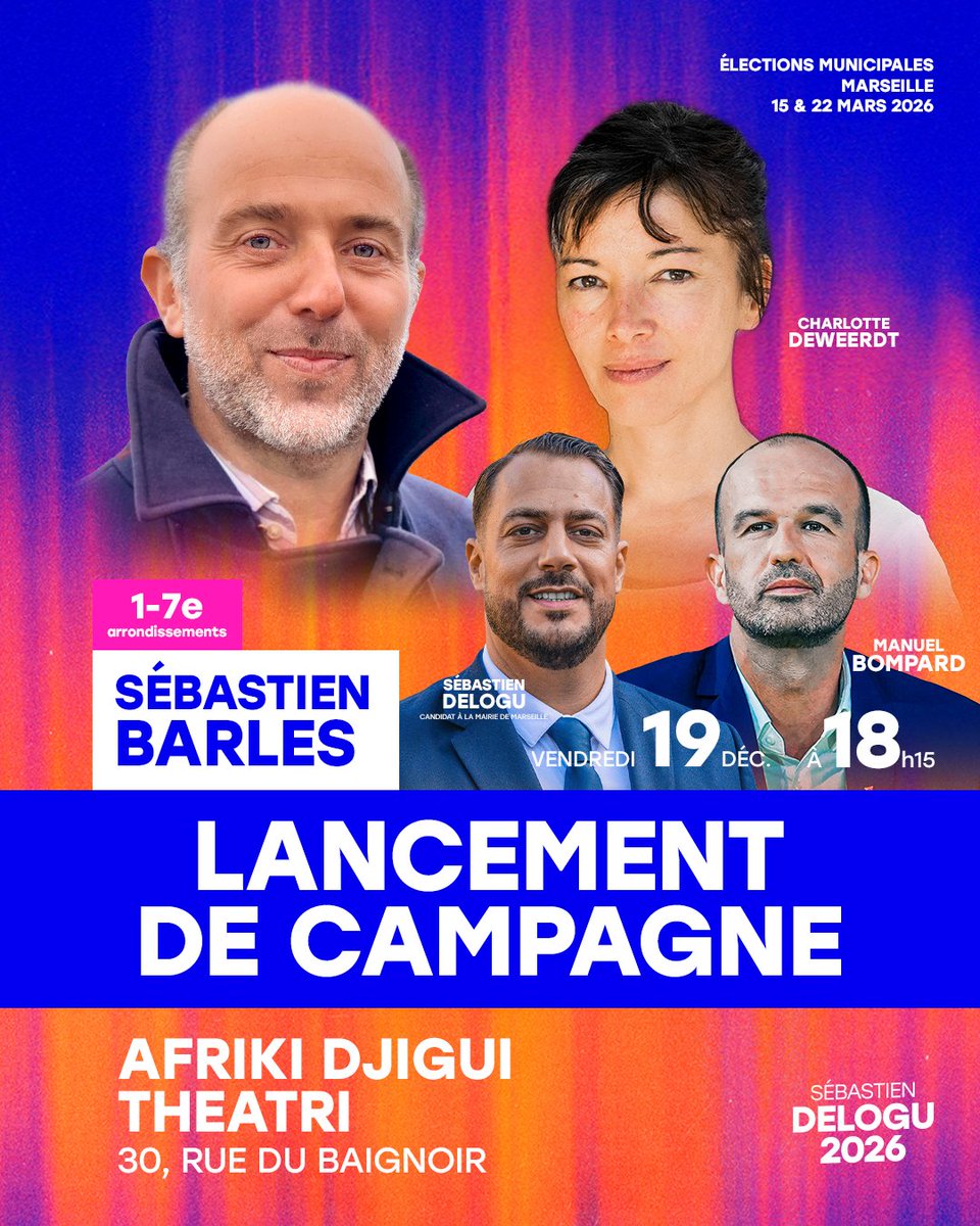 💥 RDV ce vendredi 19 décembre à 18h15 à Belsunce, pour le lancement de campagne autour de <a href="/sebbarles/">Sébastien Barles</a>, candidat à la mairie du 1/7e arrdt. pour la liste "Marseille fière et populaire".

Avec <a href="/sebastiendelogu/">Sébastien DELOGU</a>, <a href="/mbompard/">Manuel Bompard</a> et Charlotte Deweerdt, candidate dans le 1/7e !