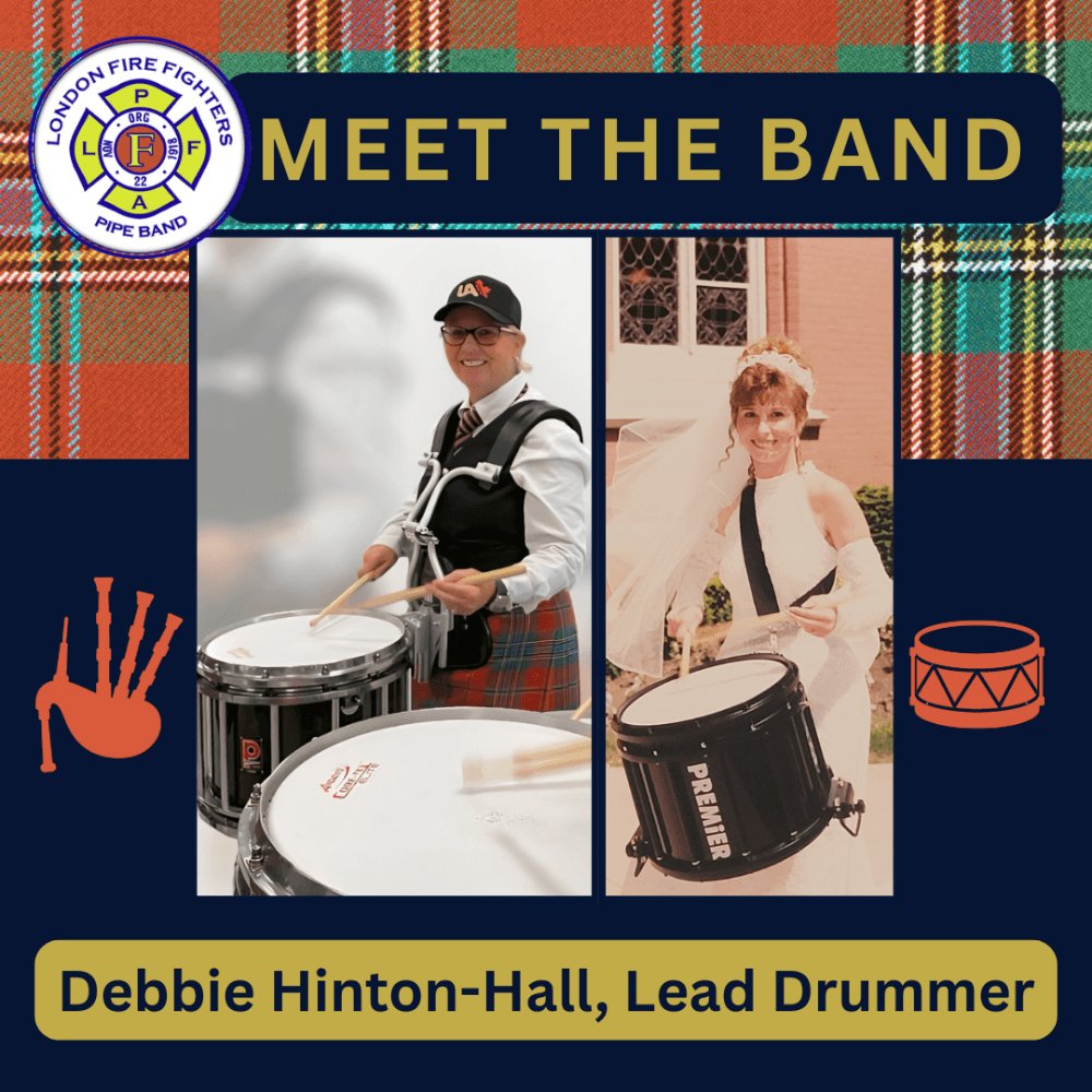 LondonFirePB's tweet photo. Meet the Band: Lead Drummer Debbie Hinton-Hall. She began drumming after discovering Highland Games culture and studied with John Kerr, Tom Robinson, Hugh Cameron, Drew Duthart and Greg Dinsdale. Her 2026 goal is a stronger drum corps and a top 3 placement. #LFFPB https://t.co/Z3dduvygKj