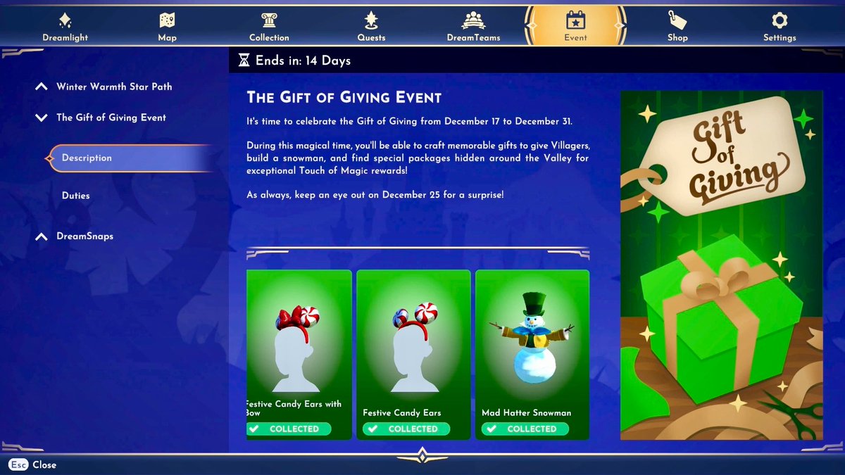 ComftyChaos's tweet photo. The Gift of Giving Event is back! ✨🎄🎁
(Running from Dec 17 - December 31)

We have new items to get this year! 
I’ll go over the snowman and the new items for this year, 2025. 
(🧵⬇️)

#DDLV #DDV #DLV #DisneyDreamlightValley https://t.co/h80m2KTaLU