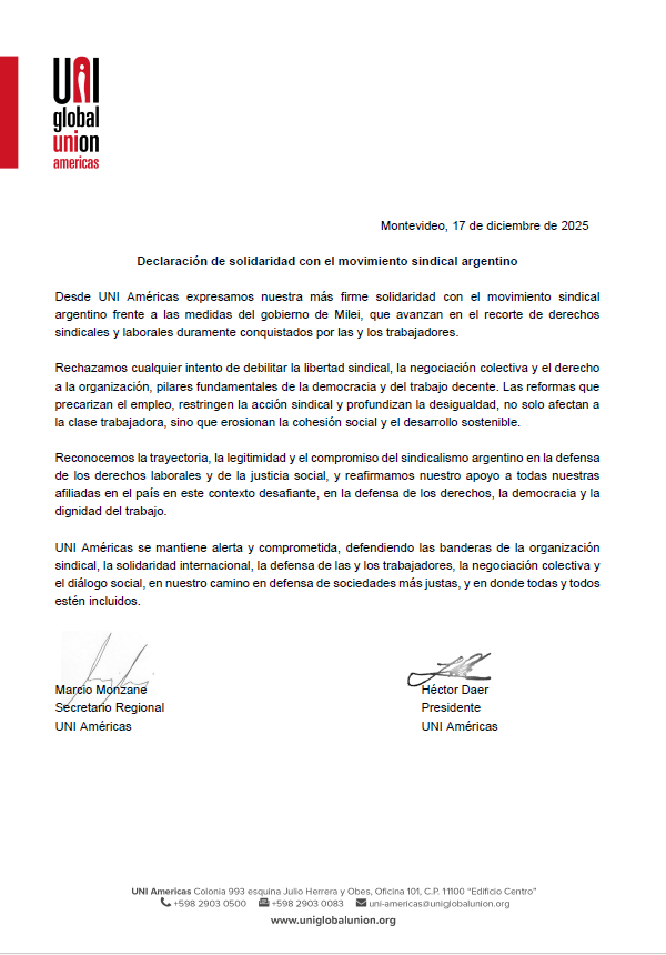🇦🇷Desde UNI Américas expresamos solidaridad con el sindicalismo argentino frente a las medidas del gobierno Milei que recortan derechos laborales y sindicales.

Reafirmamos el apoyo a nuestras afiliadas en defensa de la democracia, la dignidad laboral y los derechos conquistados.