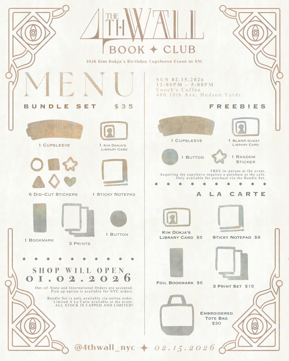 🔖  EVENT MERCH ORDERS WILL OPEN ON 01.02.2026

Here's a first look at what Kim Dokja's Library has to offer!

Worldwide shipping and Day–Of Pick Up will be available. Bundle Set can only be purchased via online order.

#HBD_KDJ_NYC2026 #4thWallBookClub