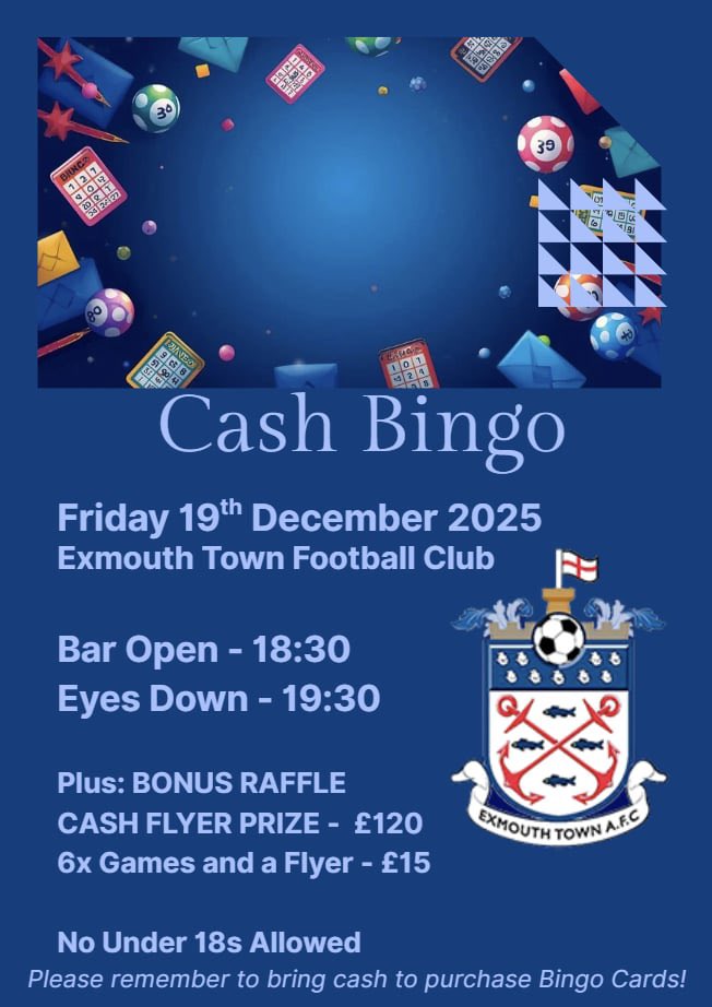 ExmouthTown_FC's tweet image. 𝗧𝗛𝗜𝗦 𝗙𝗥𝗜𝗗𝗔𝗬 🎟️

Bingo returns to #ETFC, just in time for Christmas!

Enjoy a festive evening with drinks, games and great prizes 🥂

#UTT | @Search4Local