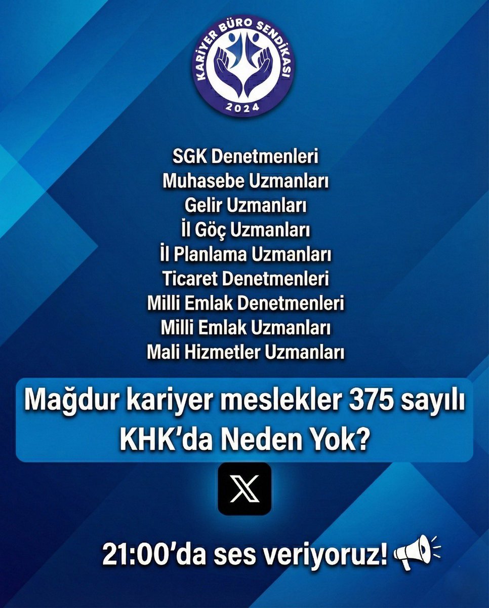 <a href="/KariyerBuroSEN/">Kariyer Büro-SEN</a> 375 sayılı KHK’da kariyer meslekler arasında görev yeri esas alınarak yapılan ayrım, unvan ve fonksiyon temelli statü hukukuyla bağdaşmamaktadır. 

<a href="/RTErdogan/">Recep Tayyip Erdoğan</a> <a href="/_cevdetyilmaz/">Cevdet Yılmaz</a> <a href="/mustafaelitas/">Mustafa Elitaş</a> <a href="/avabdullahguler/">Abdullah Güler</a> <a href="/memetsimsek/">Mehmet Simsek</a> <a href="/mehmedmus/">Dr. Mehmet Muş</a>
<a href="/ilhan_hatipoglu/">Dr. İ. İlhan Hatipoglu</a>

#nedenyok