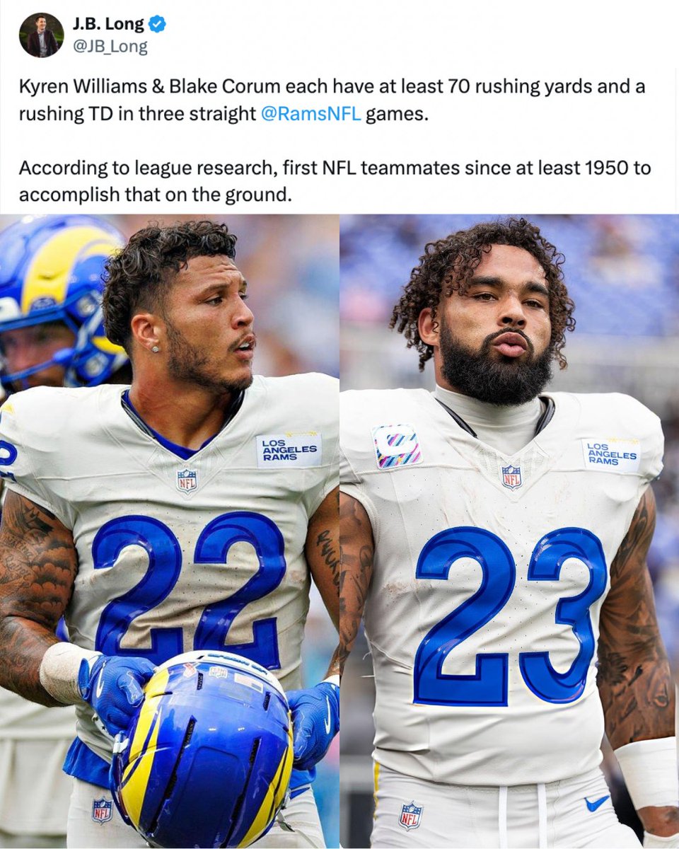 LAFBNetwork's tweet image. Kyren Williams and Blake Corum are making NFL history.

First NFL teammates since at least 1950 to post 3 straight games with 70+ rush yards and a TD EACH.
Is this the best backfield in football? 👇