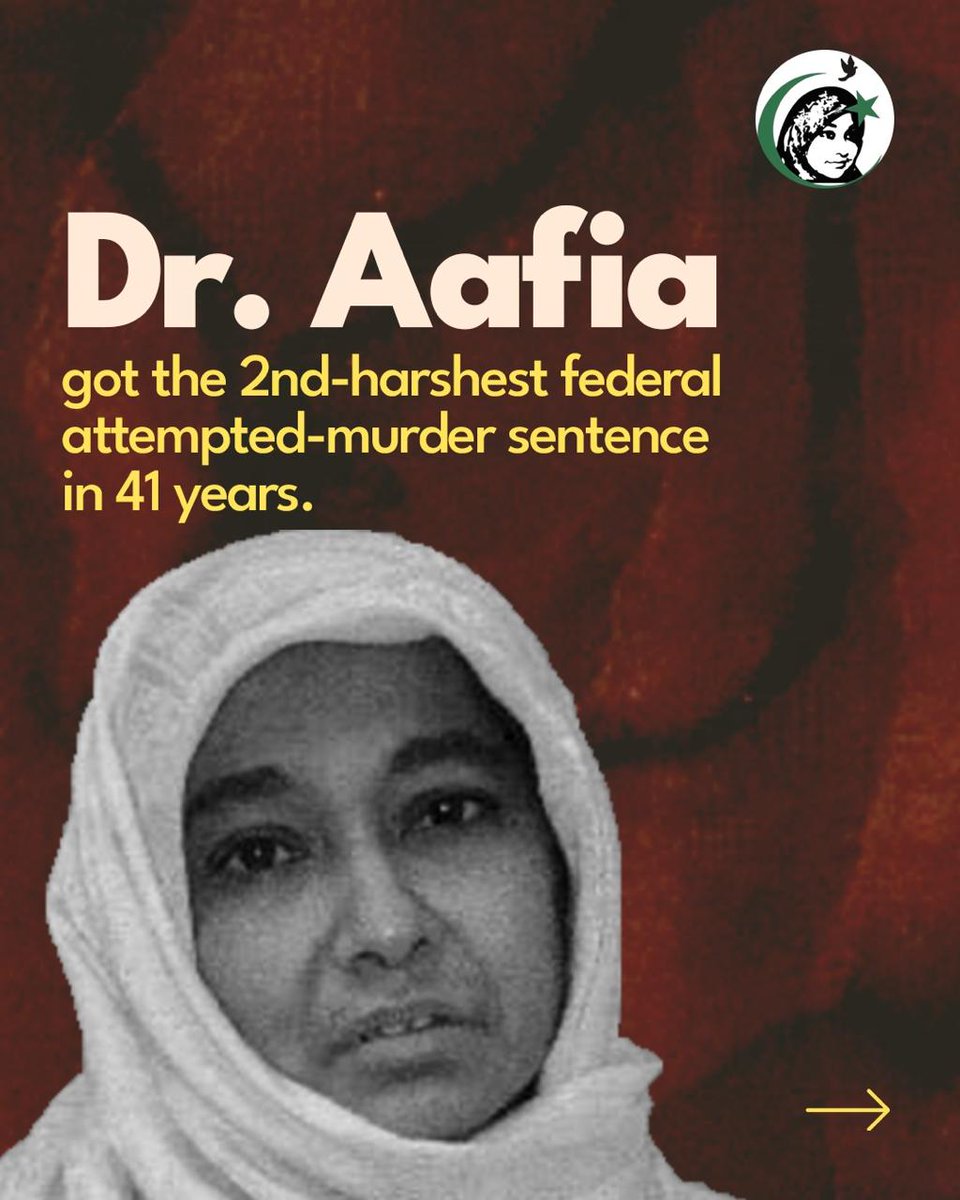 Aafiamovement's tweet photo. The injustice done to Dr. Aafia Siddiqui runs deeper than most people realise.
She received the second HARSHEST sentence for federal attempted murder in the last 4 DECADES. 
@GovtofPakistan @HamidMirPAK @SenatorMushtaq @UNHumanRights @UN https://t.co/bU1dkaIwRC