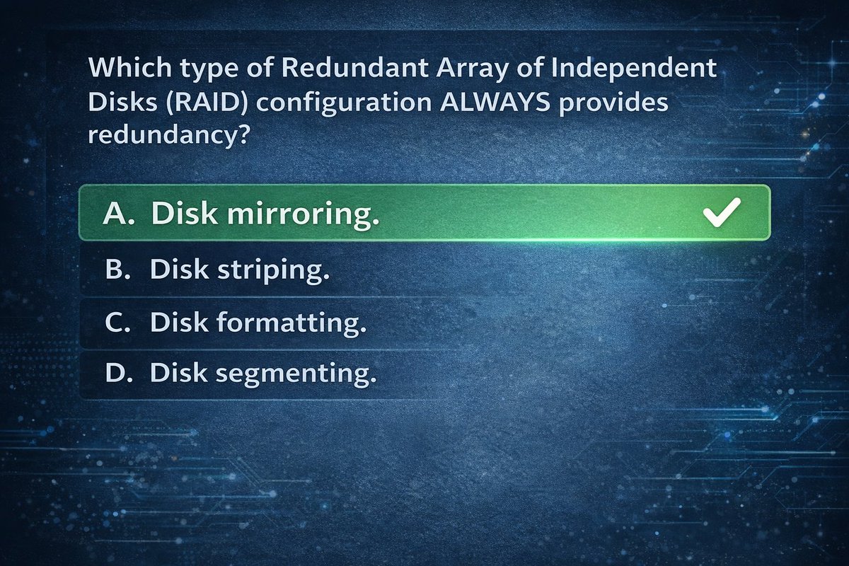 CyberAIHub's tweet photo. Disk mirroring is a data protection technique where identical copies of data are written simultaneously to two (or more) disks.
 #ransomware #CyberAwareness #ISC2 #isc2cc #Cybersecurity #EthicalHacking #hacking #hackers #studygroup #cissp #comptia #phishing #comptia #python #game https://t.co/PJX06YC8Y4