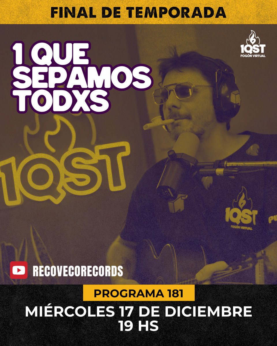 HOY ES MIÉRCOLES Y HAY SHOW
⚠️ÚLTIMO PROGRAMA DEL 2025⚠️

🔥🔥1QST 6TA TEMPORADA🔥🔥
PROGRAMA NÚMERO 181!
19 hs En Vivo x Youtube

Conduce <a href="/MandangaDance/">Mandanga Dance</a>
Transmite <a href="/recovecorecord1/">recovecorecords</a>
Música Información y Risas

Venite a la tribuna!
linktw.in/MVgWbx

#1QST #streaming #fogon