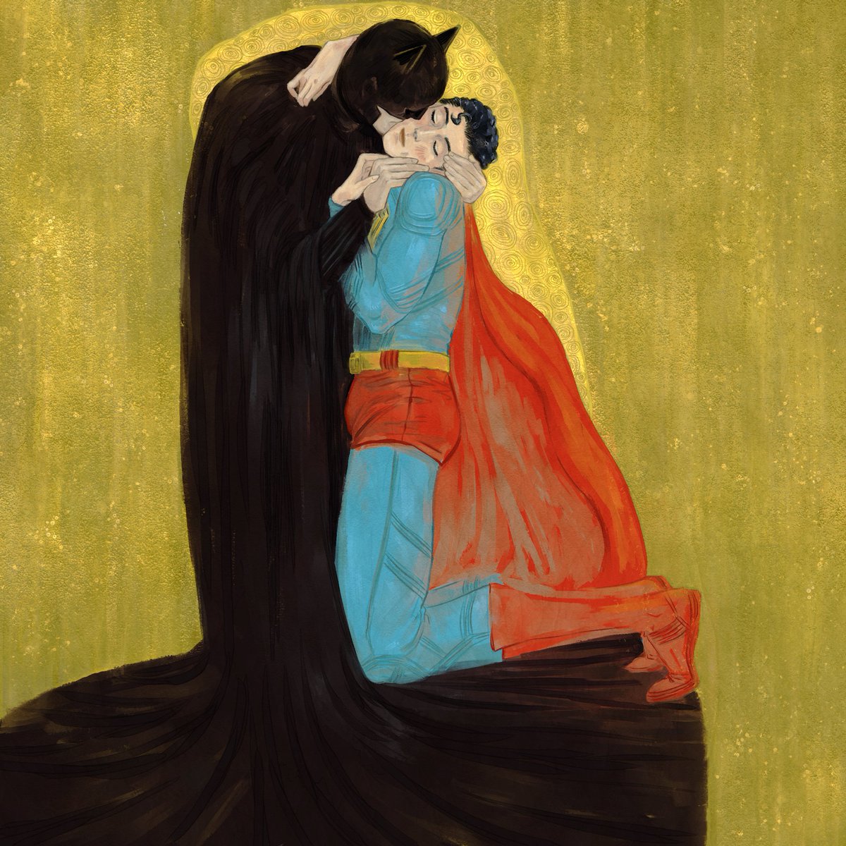 Superbat x Gustav Klimt's "The Kiss"
It's one of my favourite paintings so I just had to try to make a superbat version 💕

(Sadly I forgot to record a timelapse of this 😢)

#superbat #superman #batman