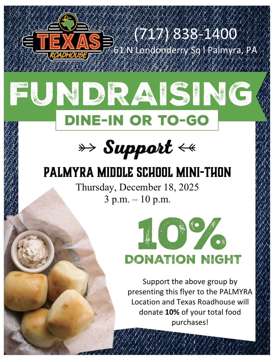 PAMSCougarThon's tweet photo. Join us on Thursday, December 18th from 3:00–10:00 PM for a delicious way to support PAMS Mini-THON!
🍽️ Dine with us and Texas Roadhouse will donate 10% of all sales to PAMS Mini-THON!
➡️ You must show the flyer (on your phone or a physical copy) for your purchase to count. https://t.co/G1n3xnfVDa