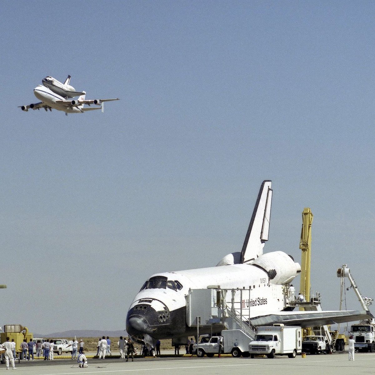 Boneyardsafari's tweet image. The Space Shuttle Endeavour gets a flyby from its sister shuttle, Columbia, atop NASA's Shuttle Carrier Aircraft, shortly after Endeavor’s landing 11 October 1994, at Edwards, CA #spaceshuttle #nasa #boneyardsafari #aviationsafari