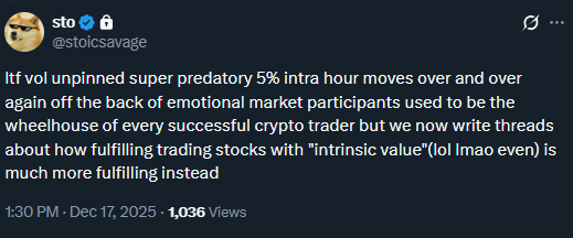 If I could RT <a href="/stoicsavage/">sto</a> I would, but I think the issue isn’t the volatility, it is that it is more sporadic, and that the A+ trades just aren’t showing up as often. You take these trades and feel underserved. And the mental fatigue of sitting around in between, watching chop,