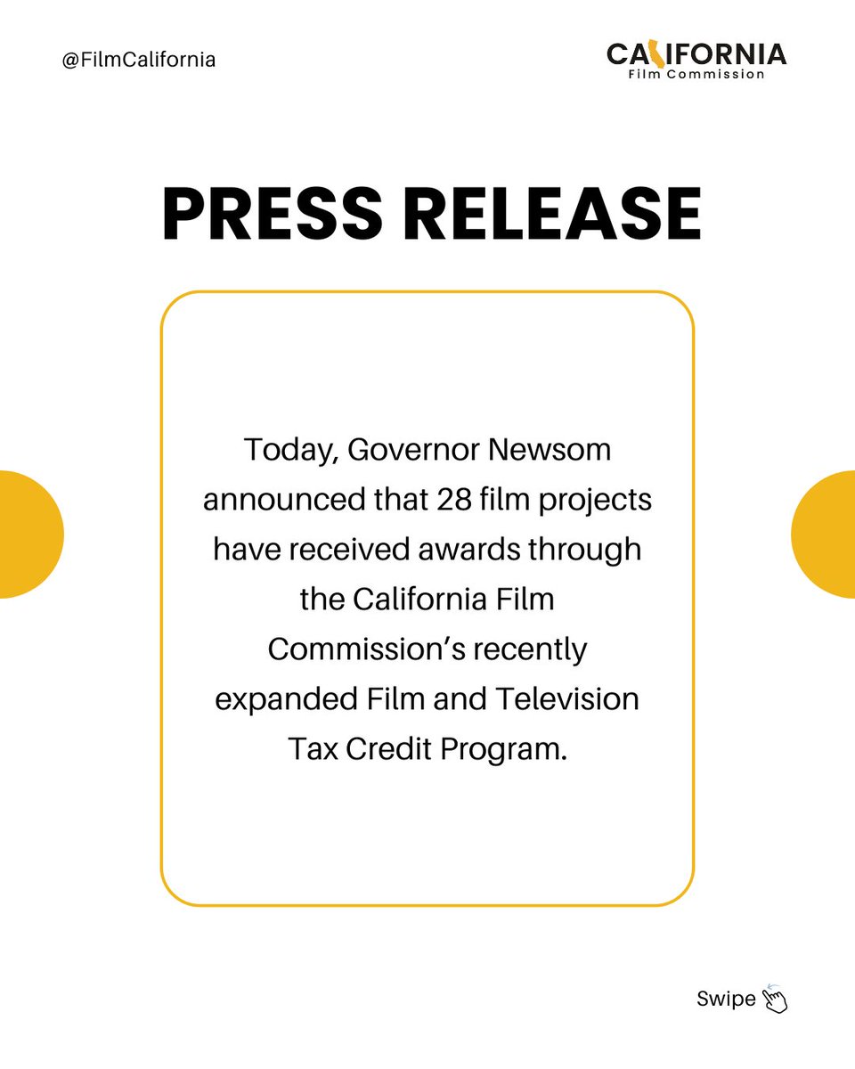 FilmCalifornia's tweet image. Governor Gavin Newsom today announced that 28 film projects have received awards through the CFC's Tax Credit Program. These include a new film from Academy Award-winning filmmaker Ang Lee, as well as a Long Beach-set biopic produced by Snoop Dogg.  #FilmCalifornia #California