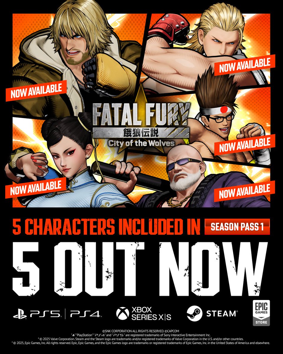 FATALFURY_PR's tweet image. All 5 Season Pass 1 characters are available in FATAL FURY: City of the Wolves Special Edition, now 67% off for a limited time! 

Save now: snk-corp.co.jp/us/games/fatal…